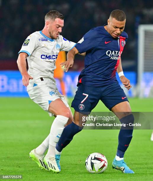 Kylian Mbappé of Paris Saint-Germain in action during the French First League football match between Paris Saint-Germain and Marseille at the Parc...