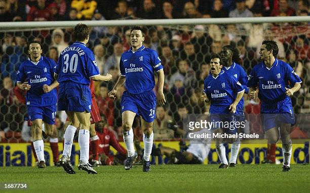 John Terry of Chelsea celebrates after scoring the equalising goal during the Middlesbrough v Chelsea FA Barclaycard Premiership match at the...