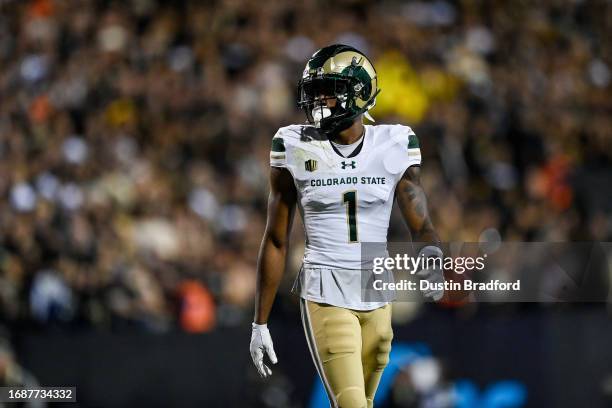 Defensive back Chigozie Anusiem of the Colorado State Rams stands on the field in the third quarter against the Colorado Buffaloes at Folsom Field on...