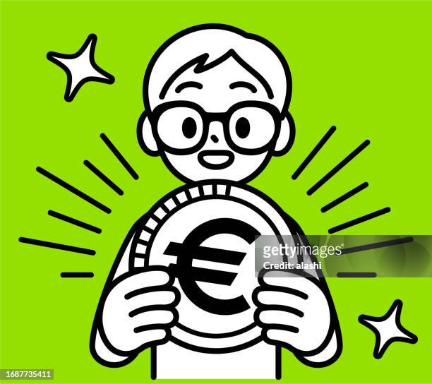 a studious boy with horn-rimmed glasses holding a big coin money, looking at the viewer, a minimalist style, black and white outline, financial literacy, investing in knowledge, and smart money - boys money stock illustrations