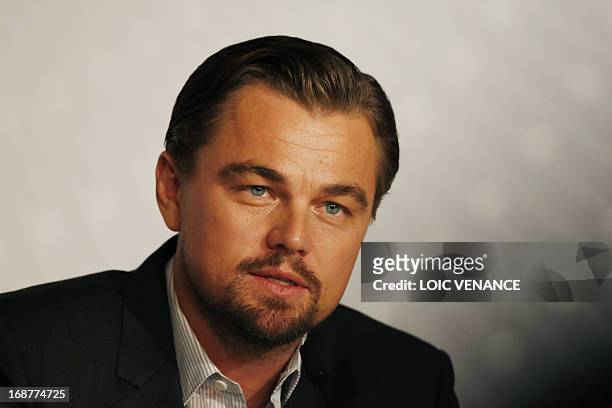 Actor Leonardo DiCaprio talks on May 15, 2013 during a press conference for the film "The Great Gatsby" ahead of the opening of the 66th edition of...