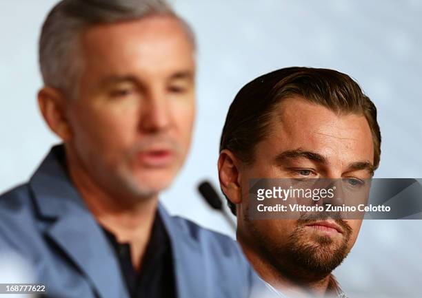 Actor Leonardo DiCaprio looks on as director Baz Luhrmann speaks at the 'The Great Gatsby' Press Conference during the 66th Annual Cannes Film...