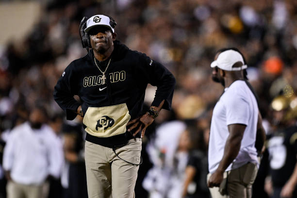 Head coach Deion Sanders of the Colorado Buffaloes looks on from the sideline in the third quarter against the Colorado State Rams at Folsom Field on...