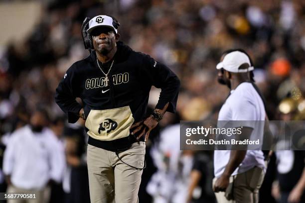 Head coach Deion Sanders of the Colorado Buffaloes looks on from the sideline in the third quarter against the Colorado State Rams at Folsom Field on...