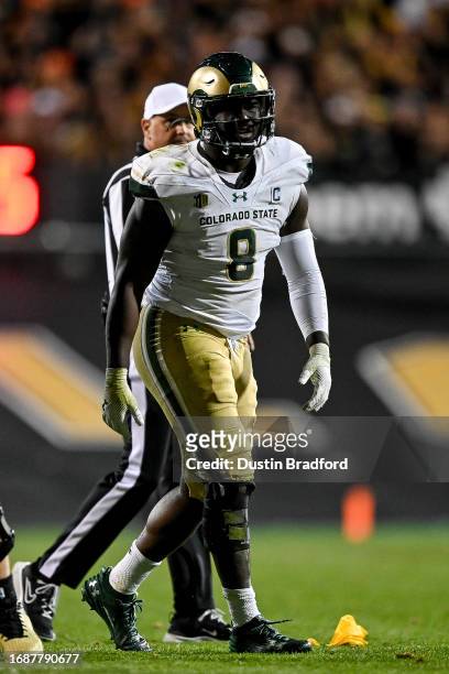 Defensive lineman Mohamed Kamara of the Colorado State Rams looks on after a play in the first overtime period against the Colorado Buffaloes at...