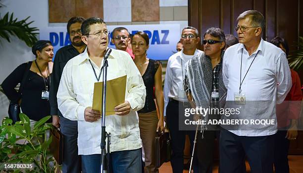 Commander Pablo Catatumbo gives a speech upon arrival at the Convention Palace in Havana for a new round of talks with the Colombian government, on...