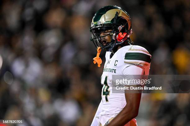Wide receiver Tory Horton of the Colorado State Rams celebrates after catching a pass for an overtime touchdown against the Colorado Buffaloes at...