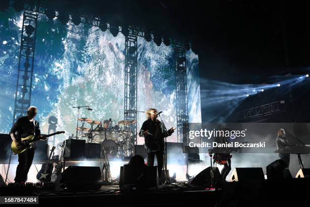 Reeves Gabrels, Jason Cooper, Robert Smith, Simon Gallup and Roger O'Donnell of The Cure perform during Riot Fest 2023 at Douglass Park on September...