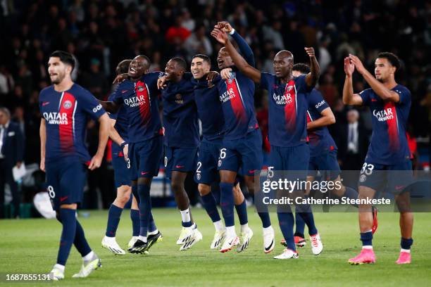 Randal Kolo Muani of Paris Saint-Germain, Ousmane Dembele of Paris Saint-Germain, Achraf Hakimi of Paris Saint-Germain, Nordi Mukiele of Paris...