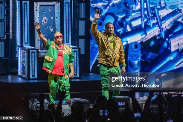 Spliff Star and Busta Rhymes perform onstage at Pine Knob Music Theatre on September 17, 2023 in Clarkston, Michigan.