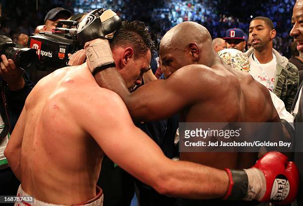 Floyd Mayweather Jr. Talks with Robert Guerrero after Mayweather Jr. Defeats Guerrero by unanimous decision in their WBC welterweight title bout at...