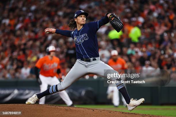 Tyler Glasnow of the Tampa Bay Rays pitches against the Baltimore Orioles during the first inning at Oriole Park at Camden Yards on September 16,...