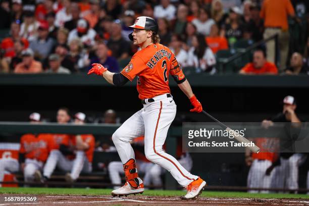 Gunnar Henderson of the Baltimore Orioles singles against the Tampa Bay Rays during the first inning at Oriole Park at Camden Yards on September 16,...
