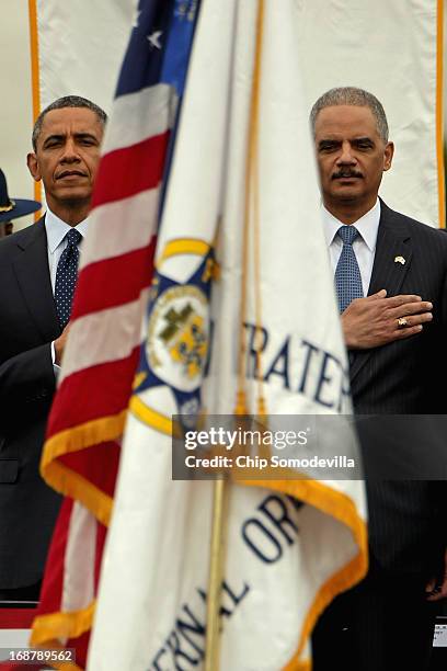 President Barack Obama and Attorney General Eric Holder attend the National Peace Officers' Memorial Service at the U.S. Capitol May 15, 2013 in...