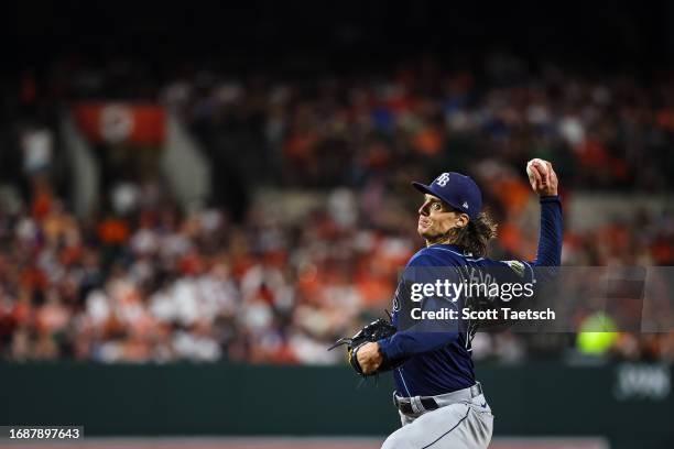 Tyler Glasnow of the Tampa Bay Rays pitches against the Baltimore Orioles during the third inning at Oriole Park at Camden Yards on September 16,...