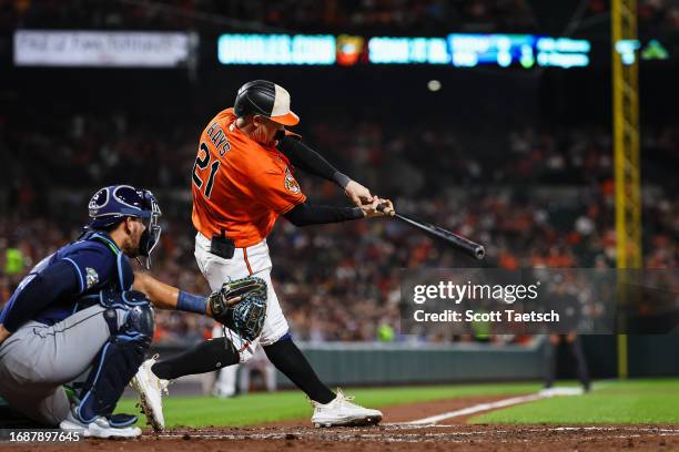 Austin Hays of the Baltimore Orioles at bat against the Tampa Bay Rays during the third inning at Oriole Park at Camden Yards on September 16, 2023...
