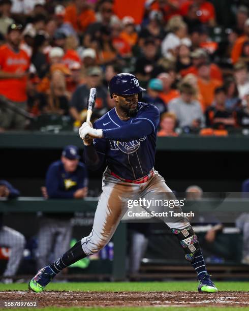 Yandy Diaz of the Tampa Bay Rays at bat against the Baltimore Orioles during the sixth inning at Oriole Park at Camden Yards on September 16, 2023 in...