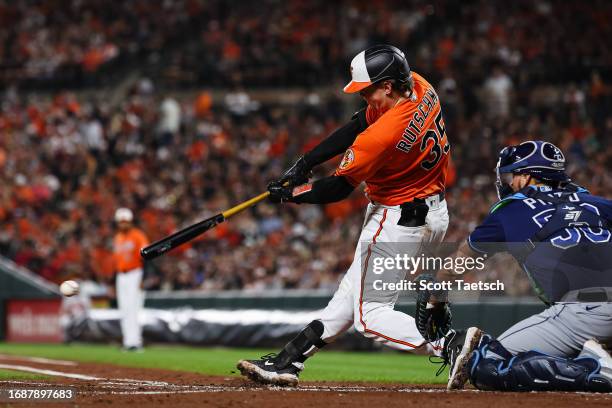 Adley Rutschman of the Baltimore Orioles at bat against the Tampa Bay Rays during the second inning at Oriole Park at Camden Yards on September 16,...