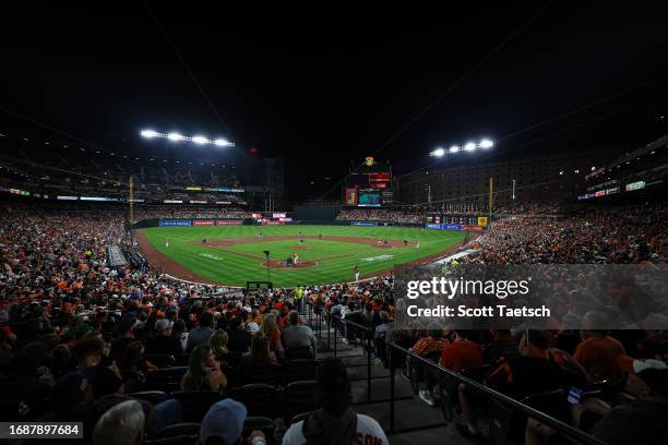 General view as Erasmo Ramirez of the Tampa Bay Rays pitches against the Baltimore Orioles during the fifth inning at Oriole Park at Camden Yards on...