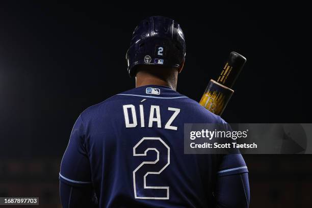 Yandy Diaz of the Tampa Bay Rays looks on during the third inning against the Baltimore Orioles at Oriole Park at Camden Yards on September 16, 2023...