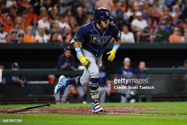 Jonathan Aranda of the Tampa Bay Rays in action against the Baltimore Orioles during the seventh inning at Oriole Park at Camden Yards on September...