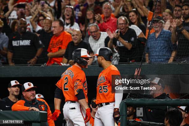 Gunnar Henderson of the Baltimore Orioles celebrates with Anthony Santander after hitting a two run home run against the Tampa Bay Rays during the...