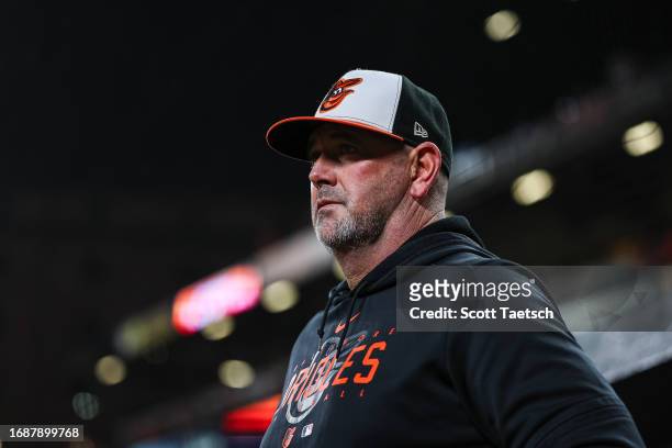 Manager Brandon Hyde of the Baltimore Orioles looks on during the ninth inning against the Tampa Bay Rays at Oriole Park at Camden Yards on September...