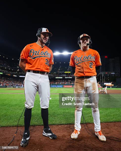 Grayson Rodriguez and Gunnar Henderson of the Baltimore Orioles are interviewed after the game against the Tampa Bay Rays at Oriole Park at Camden...