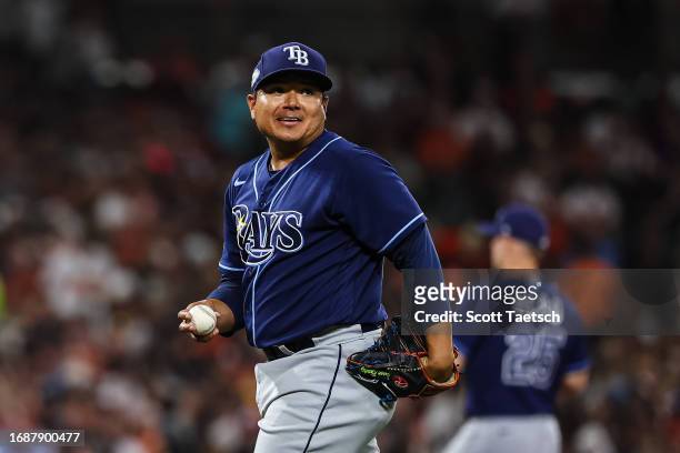 Erasmo Ramirez of the Tampa Bay Rays reacts during the seventh inning against the Baltimore Orioles at Oriole Park at Camden Yards on September 16,...