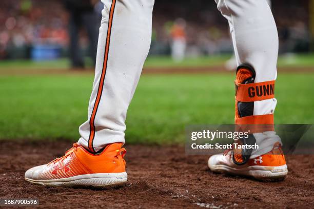 General view of the Under Armour cleats worn by Gunnar Henderson of the Baltimore Orioles during the eighth inning against the Tampa Bay Rays at...