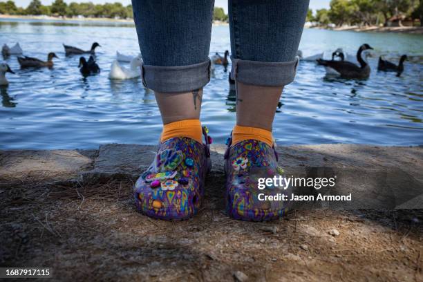 Lancaster, CA Christina Martin visits Apollo Park in Lancaster wearing Crocs her sister gave as a birthday gift on Saturday, Sept. 16, 2023 in...