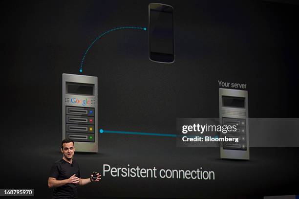 Hugo Barra, vice president of product management for Android at Google Inc., speaks during the Google I/O Annual Developers Conference in San...