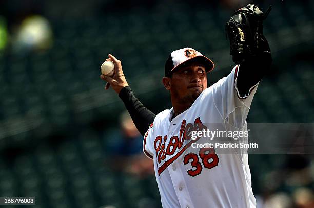 Pitcher Freddy Garcia of the Baltimore Orioles works the first inning against the San Diego Padres at Oriole Park at Camden Yards on May 15, 2013 in...