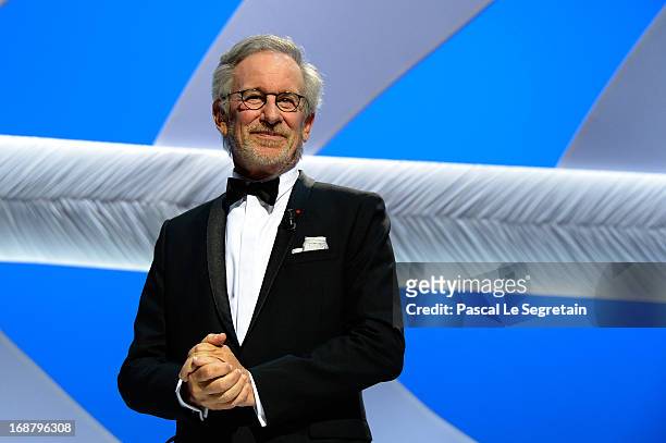 Steven Spielberg appears on stage during the Opening Ceremony of the 66th Annual Cannes Film Festival at the Palais des Festivals on May 15, 2013 in...