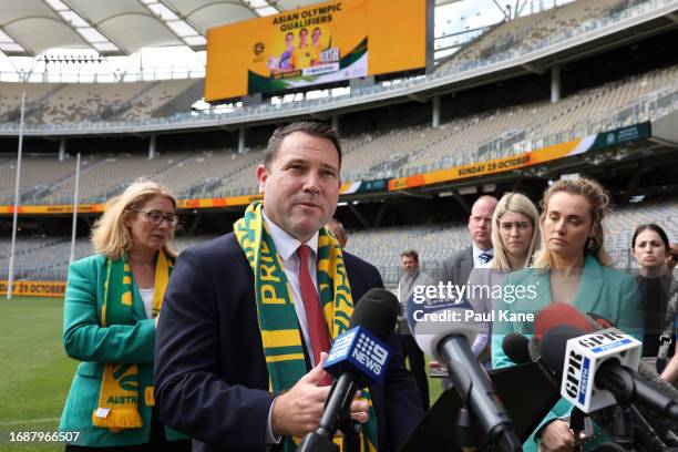 James Johnson speaks to the media during a Matildas Optus Stadium Media Announcement at Optus Stadium on September 18, 2023 in Perth, Australia.