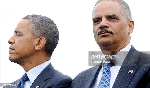 President Barack Obama and Attorney General Eric Holder attend the 32nd annual National Peace Officers' Memorial Service at the West Front Lawn at...