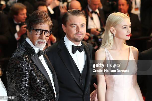 Actors Amitabh Bachchan, Leonardo DiCaprio and Carey Mulligan attend the Opening Ceremony and premiere of 'The Great Gatsby' during the 66th Annual...