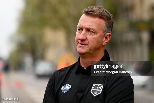 Los Angeles Kings General Manager Rob Blake watches on during a NHL International Series Media Opportunity at Parliament House on September 18, 2023...