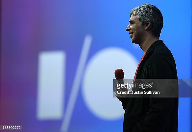 Larry Page, Google co-founder and CEO speaks during the opening keynote at the Google I/O developers conference at the Moscone Center on May 15, 2013...