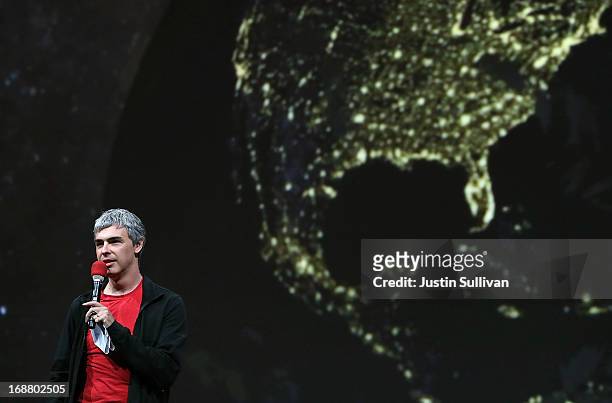 Larry Page, Google co-founder and CEO speaks during the opening keynote at the Google I/O developers conference at the Moscone Center on May 15, 2013...