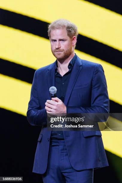 Prince Harry, Duke of Sussex speaks on stage during the closing ceremony of the Invictus Games Düsseldorf 2023 at Merkur Spiel-Arena on September 16,...