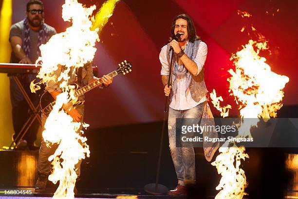 The band Dorians of Armenia perform at a dress rehearsal the day before the second semi final of the Eurovision Song Contest 2013 at Malmo Arena on...