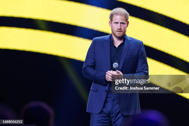 Prince Harry, Duke of Sussex speaks on stage during the closing ceremony of the Invictus Games Düsseldorf 2023 at Merkur Spiel-Arena on September 16,...
