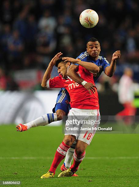 Ashley Cole of Chelsea and Eduardo Salvio of Benfica fight for the ball during the UEFA Europa League Final between SL Benfica and Chelsea FC at...