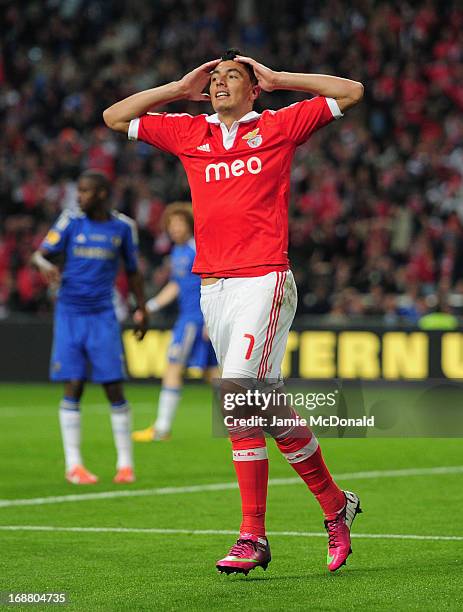 Oscar Cardozo of Benfica reacts after his goal was disallowed for offside during the UEFA Europa League Final between SL Benfica and Chelsea FC at...