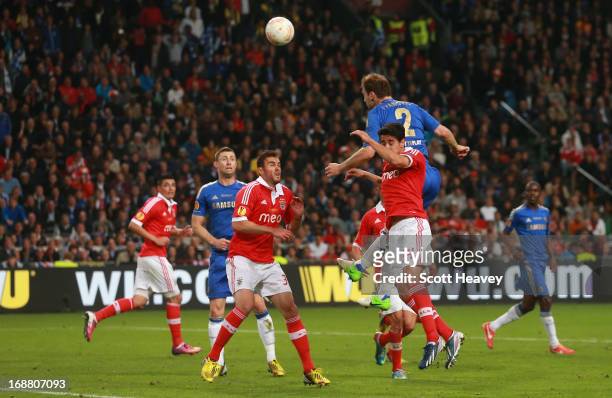 Branislav Ivanovic of Chelsea rises up to head in their second goal during the UEFA Europa League Final between SL Benfica and Chelsea FC at...