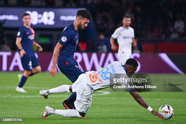 Goncalo RAMOS of PSG and Chancel MBEMBA of Marseille during the Ligue 1 Uber Eats match between Paris Saint-Germain Football Club and Olympique de...