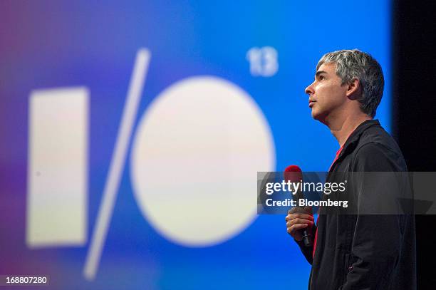 Larry Page, co-founder and chief executive officer at Google Inc., pauses while speaking at the Google I/O Annual Developers Conference in San...