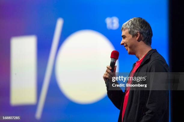 Larry Page, co-founder and chief executive officer at Google Inc., speaks during the Google I/O Annual Developers Conference in San Francisco,...