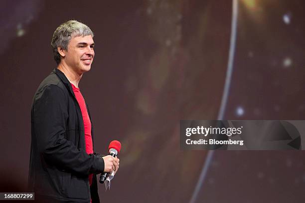 Larry Page, co-founder and chief executive officer at Google Inc., smiles during the Google I/O Annual Developers Conference in San Francisco,...